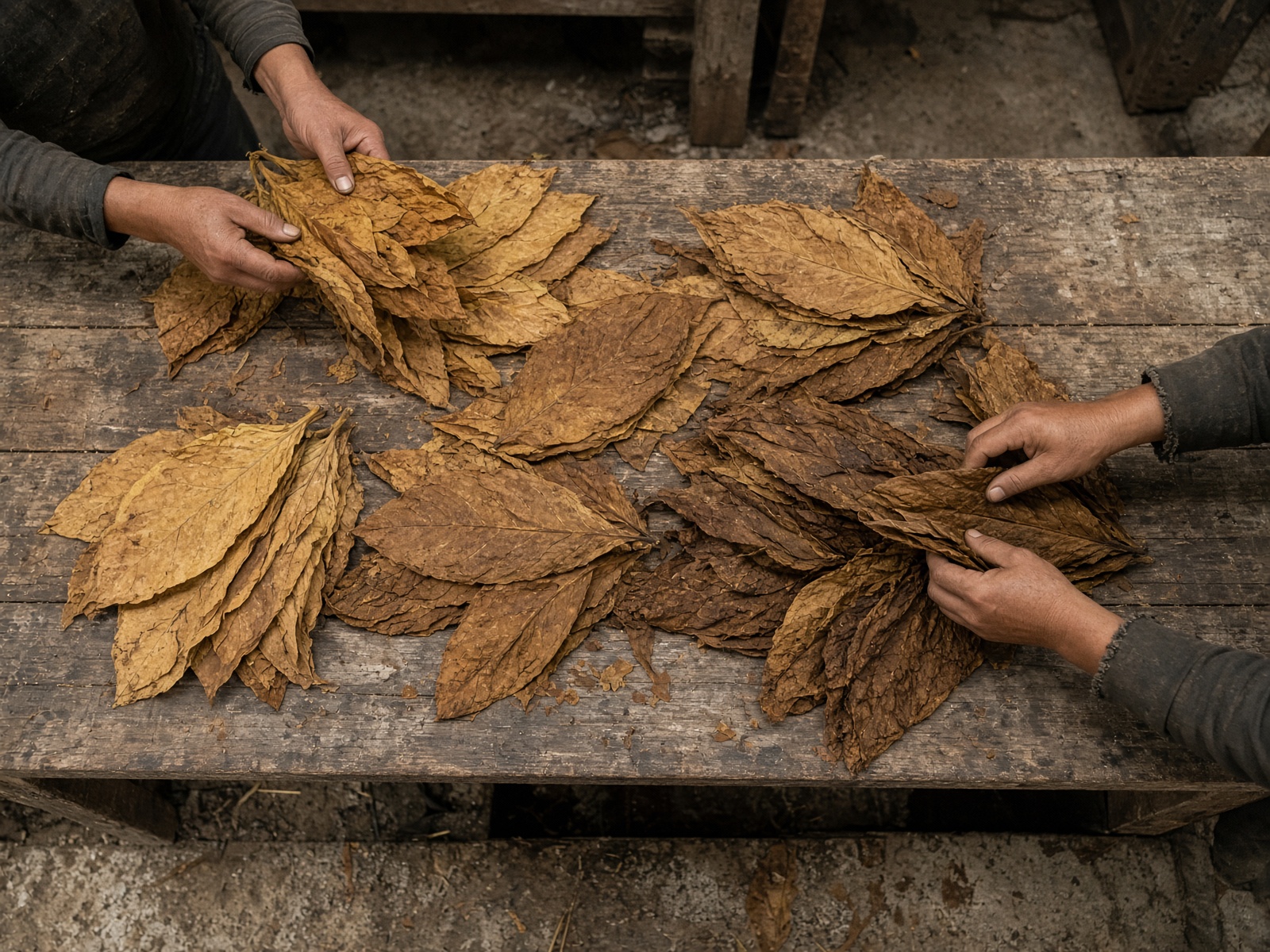 Hands grading tobacco leaf on a table